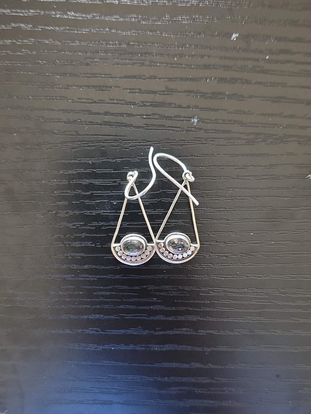Sterling Silver Drop Earrings with Iridescent Stone - Silver
